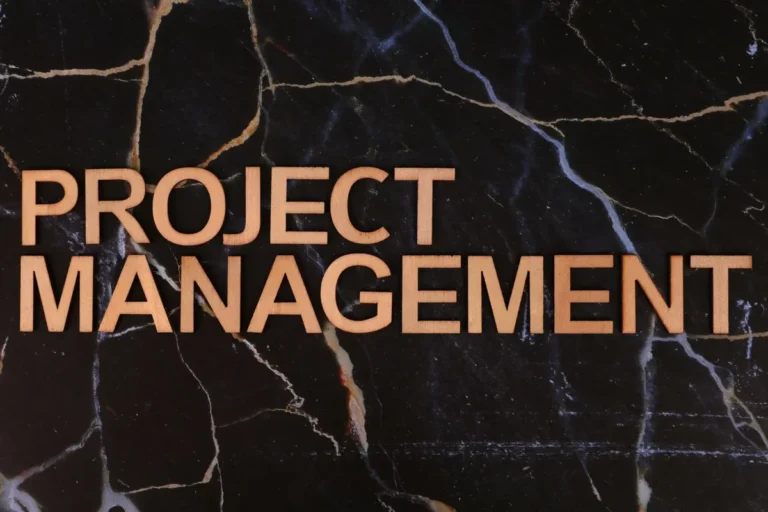 Wooden letters form 'Project Management' on a dark marble surface, perfect for business themes.