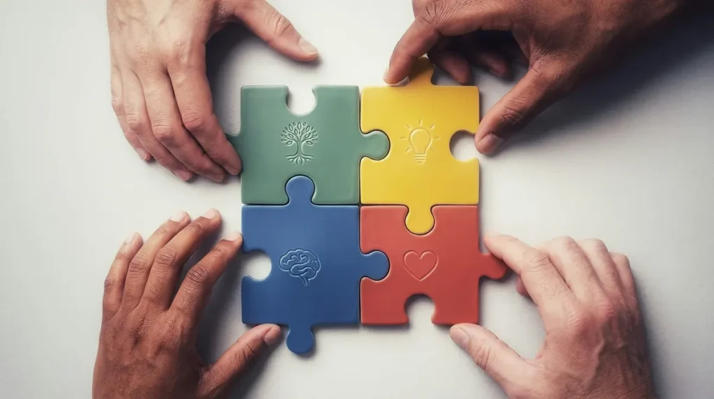 Four hands connect colorful puzzle pieces with symbols.
